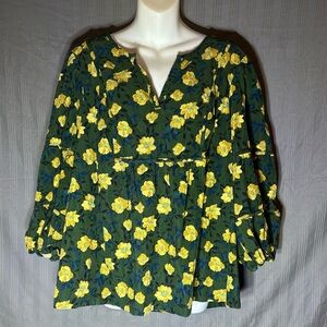 Sonoma Green Blouse with Yellow Floral Pattern